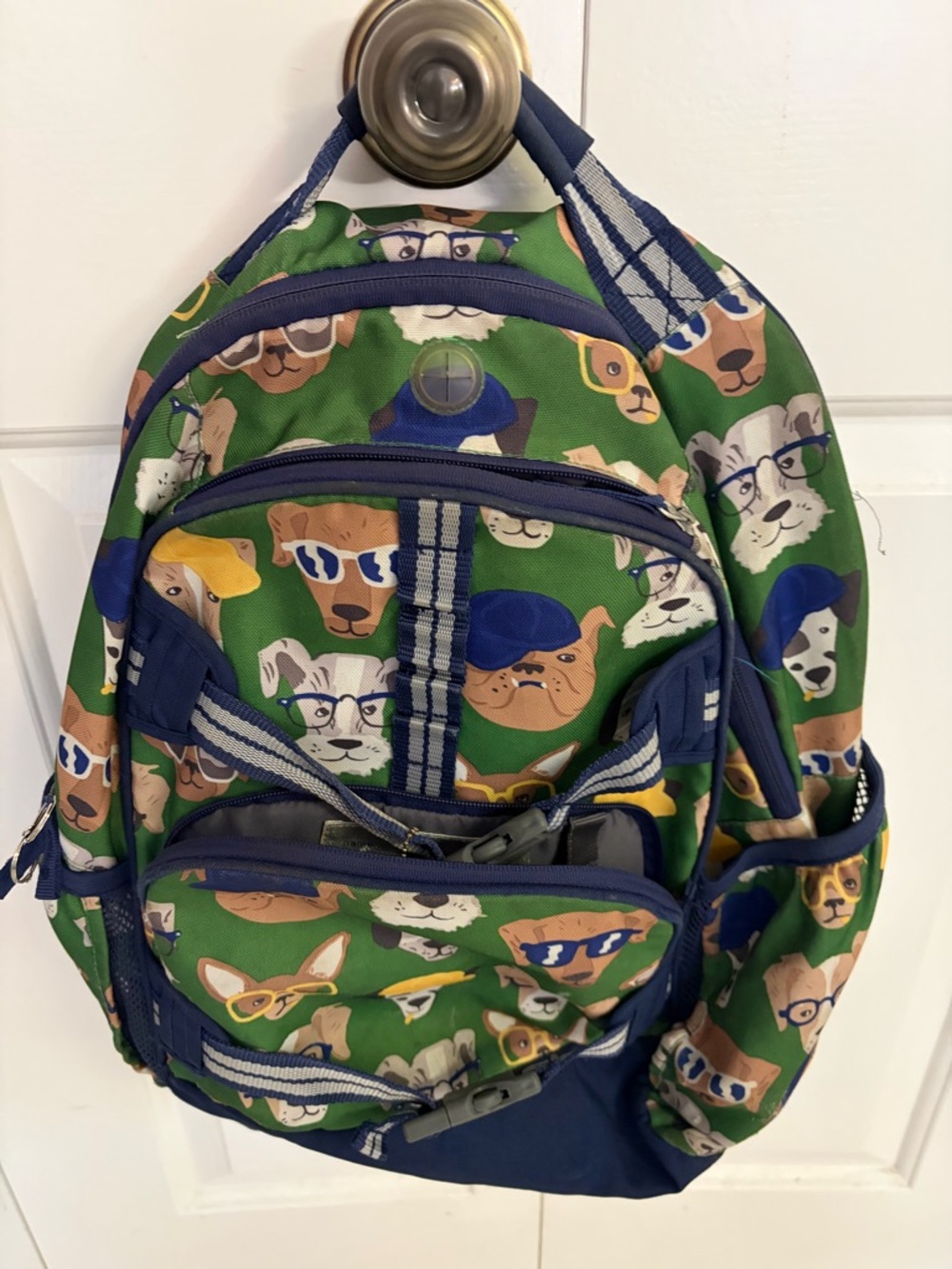 Green Dog Print Backpack with Navy Accents